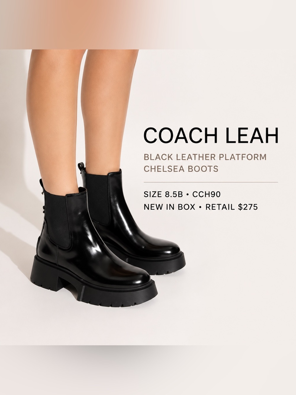 Coach Leah Black Leather Platform Chelsea
Boots Size 8.5B CCH90 New in Box NIB